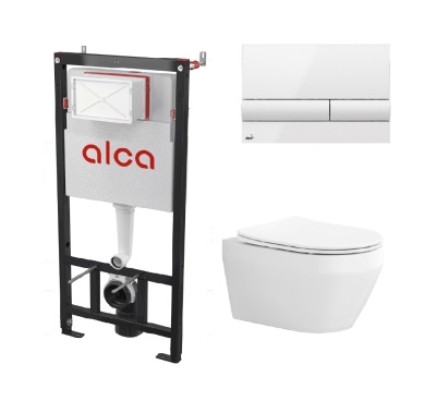 Сет Инсталляция Alcaplast, панель смыва белая  + Унитаз подвесной безободковый Aquatek ЛЕЯ AQ1199-00 49см с сиденьем Soft Close