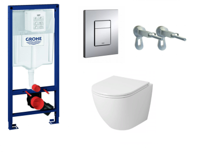 Комплект инсталляция GROHE Rapid 38772001 с подвесным безободковым унитазом Grossman GR-4455SQ с микролифтом, квадратная кнопка