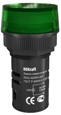 DEKraft Лампа комм. ADDS D22 ЗЕЛЕНЫЙ LED 220В ЛK-22